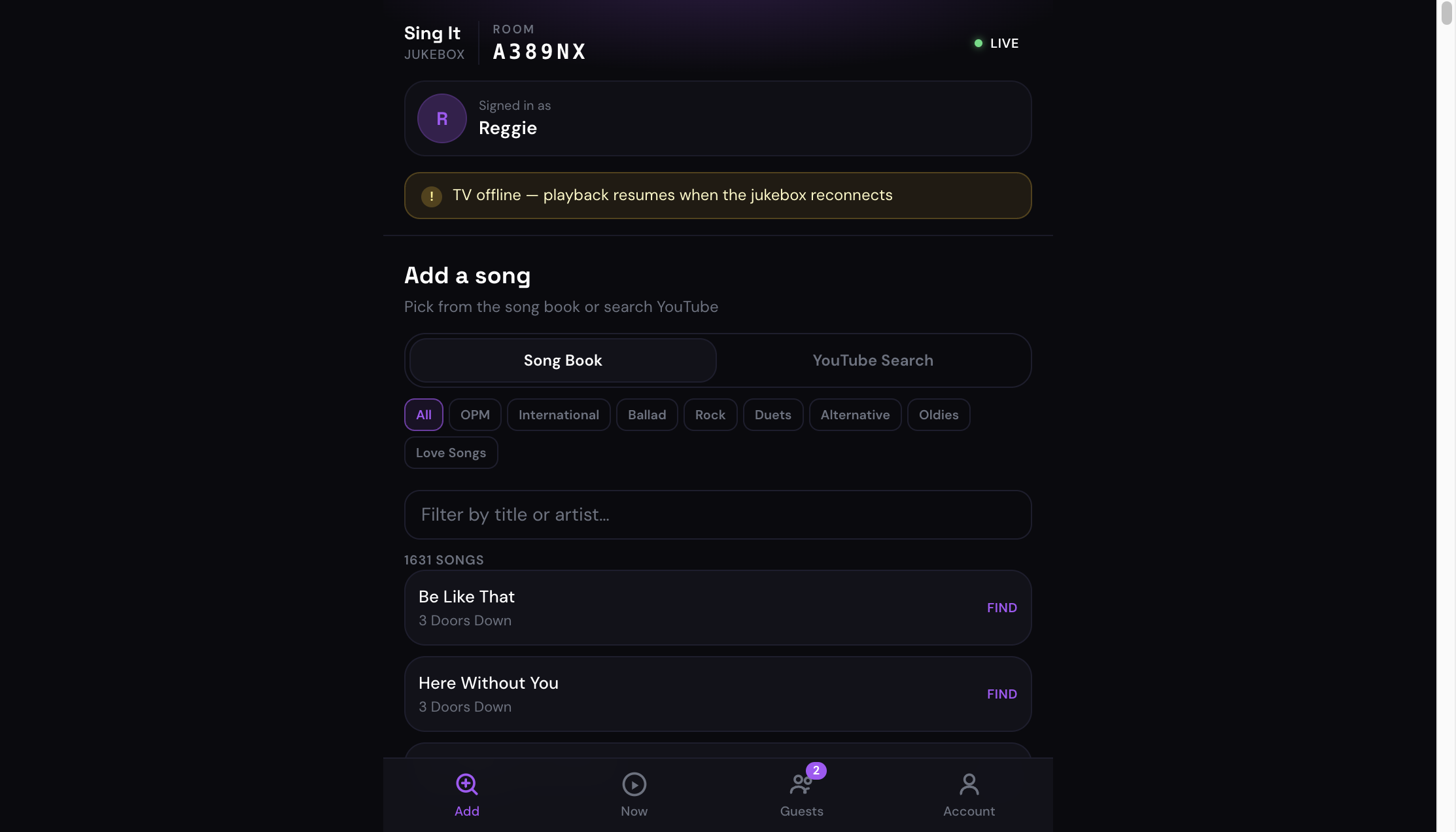 Guest phone controller with song book, filters, and queue actions