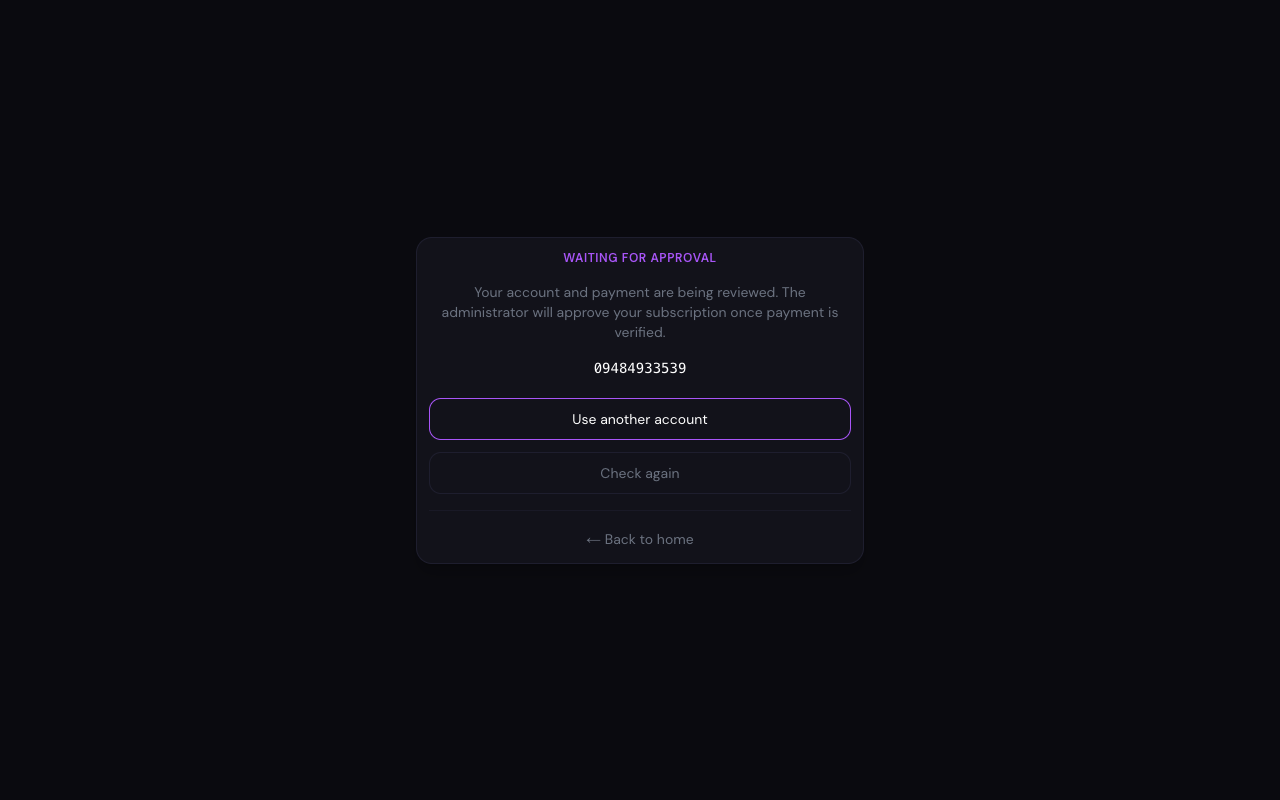 Web host screen showing subscription pending approval