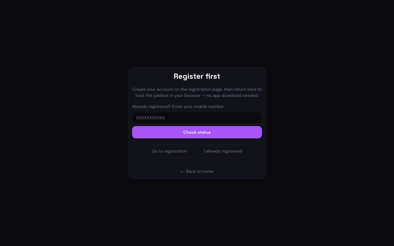 Web jukebox host sign-in screen with mobile number field