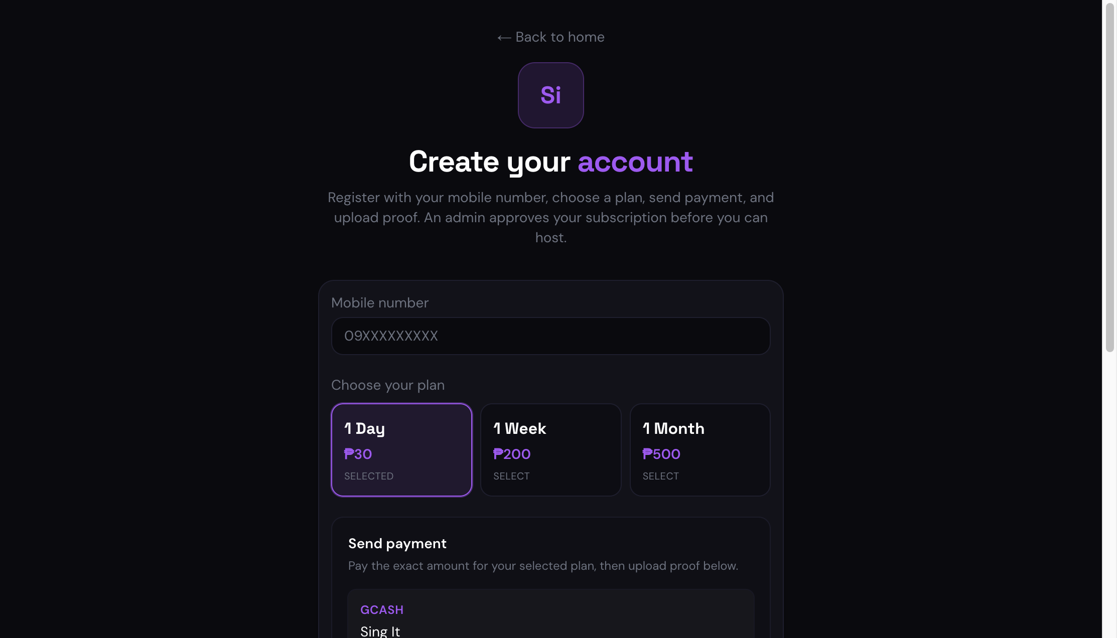 Join Sing It registration page with mobile number, plan picker, and payment upload